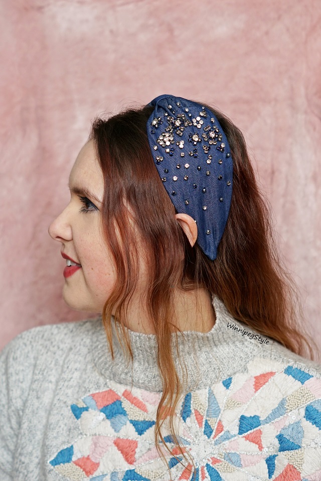 Winnipeg Style, NamJosh dark wash denim embellished crystal wide bow handmade headband, Canadian women
